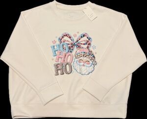 Upcycled Customized Womens Pastel Christmas Santa Sweater – Cream Poly Blend XXL